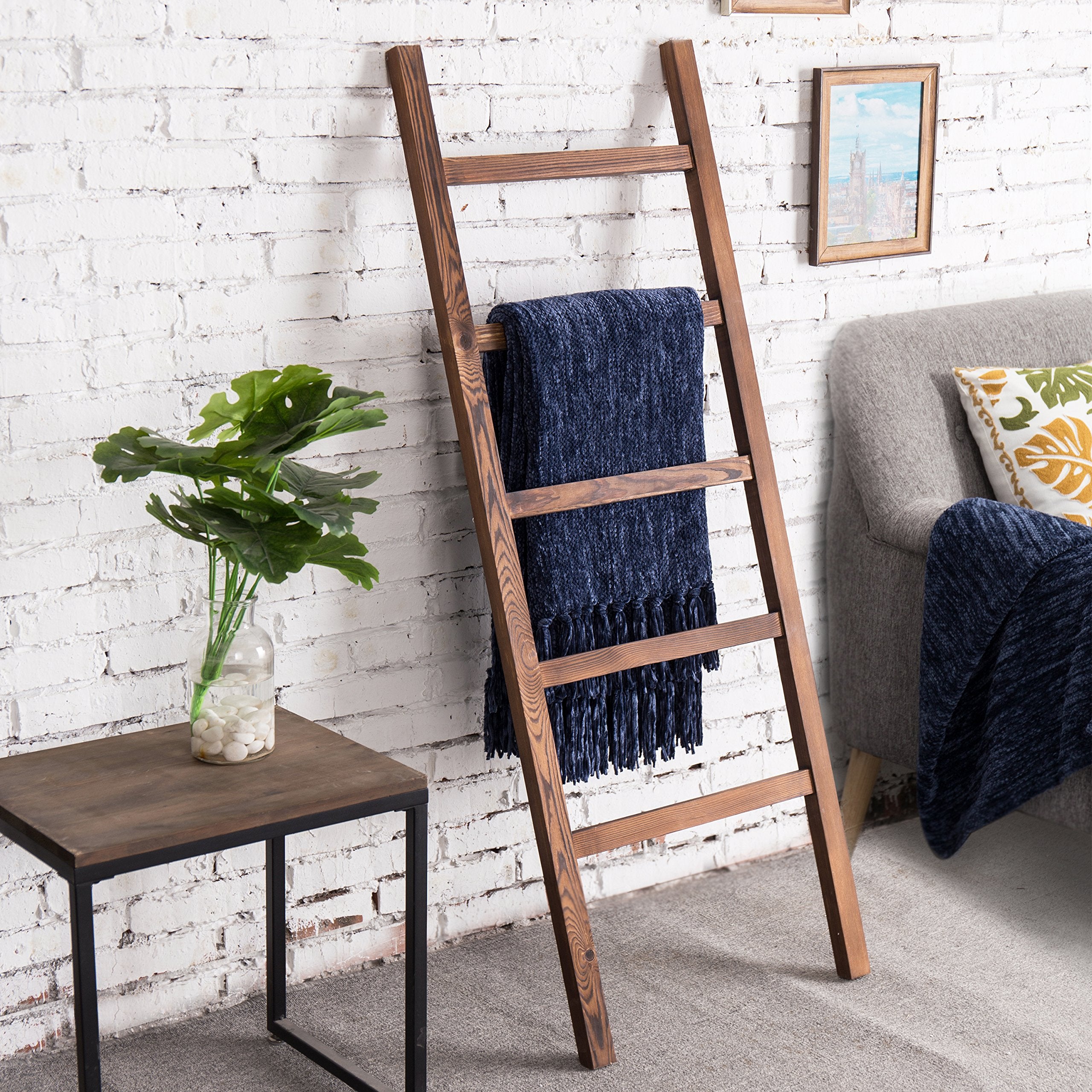 Mygift Rustic Brown Wood 4 Ft Leaning Towel Ladder Rack For Bathroom Storage With 5 Hanging Rungs, Farmhouse Style Blanket And Q
